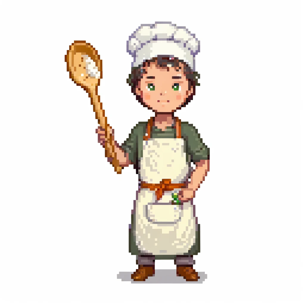 Portrait of a young baker with a simple cloth apron, flour on his hands and cheeks, holding a wooden spoon, skeuomorphism style emoji