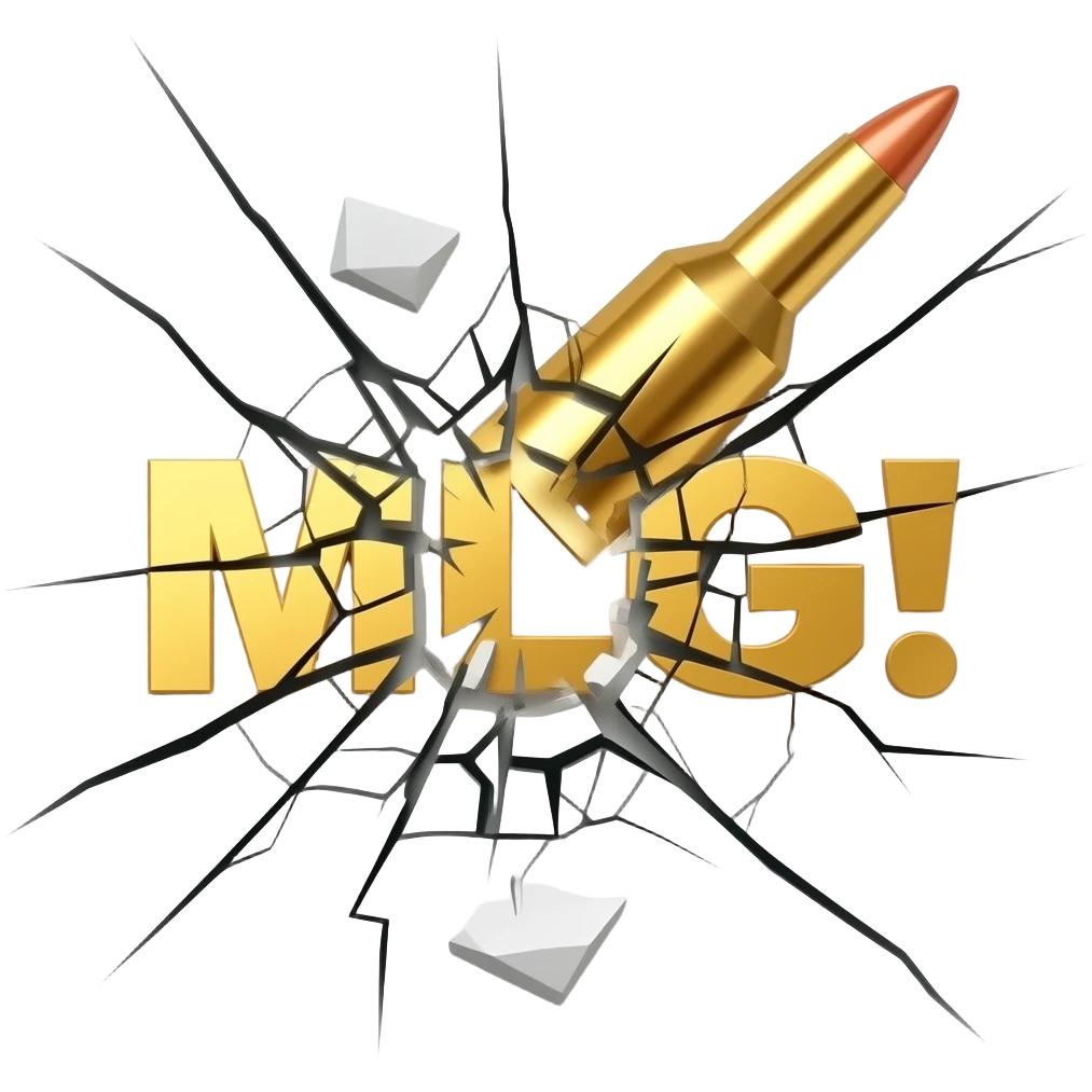 Надпись MLG! жёлтого цвета и раскрошилась на части от выстрела пули emoji