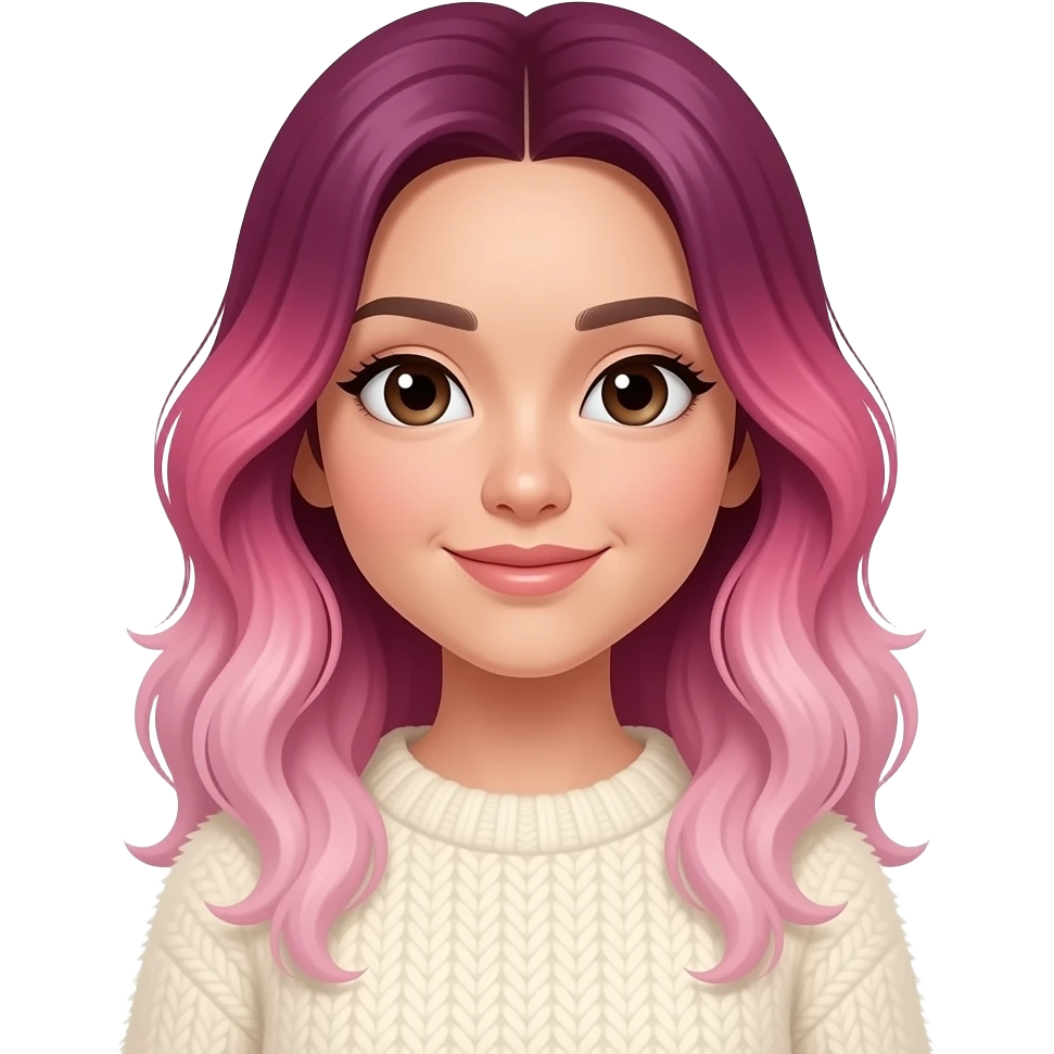 light-medium skinned asian woman with dark brown eyes with slightly wavy ombre hair that is magenta at the top fading to light pink at the bottom, wearing a cream fluffy sweater emoji