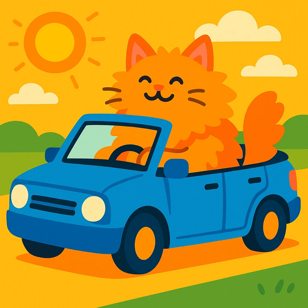 a fluffy cat sitting in a blue convertible, top down, sunny day emoji