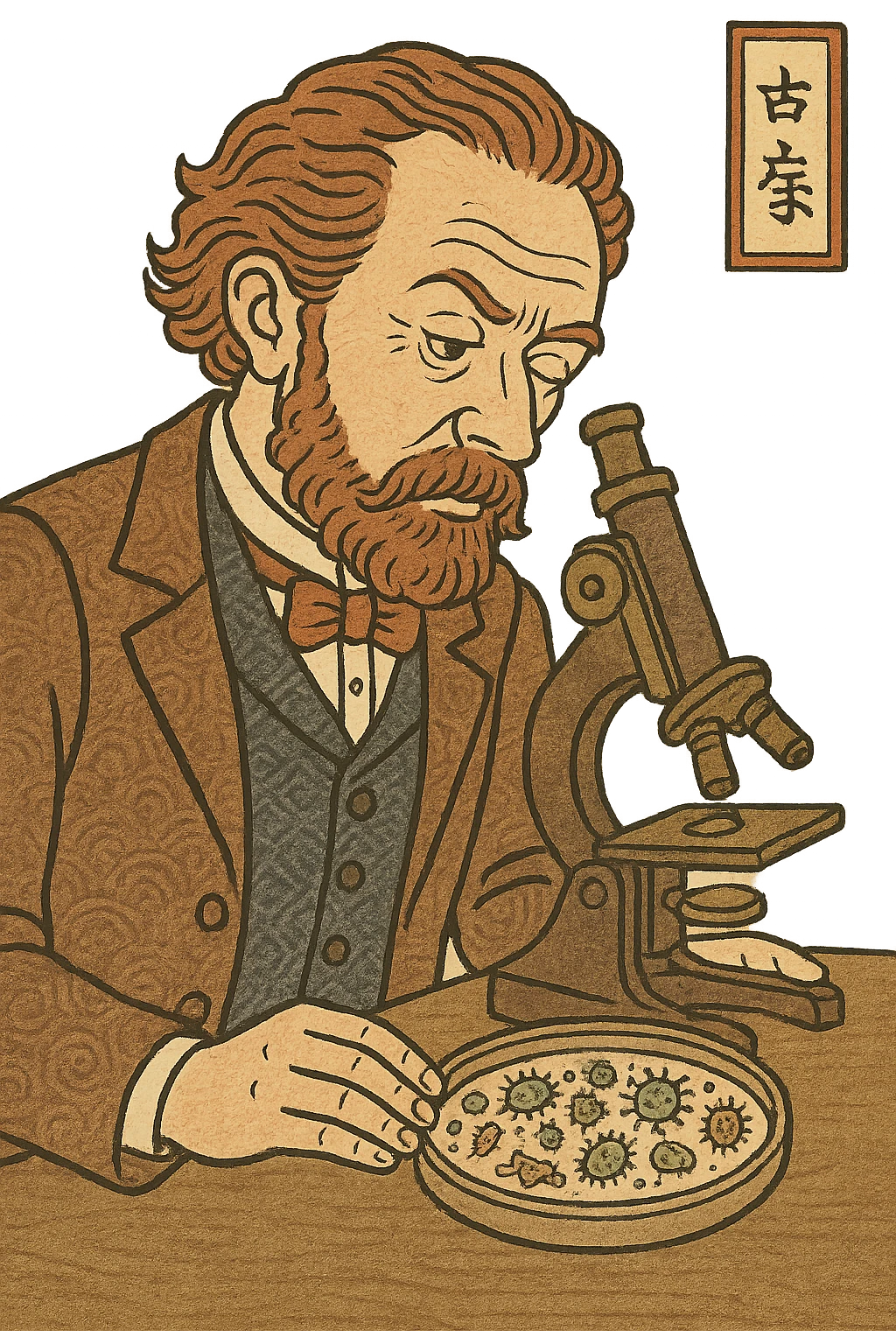 a victorian scientist with a microscope and petri dish full of germs emoji