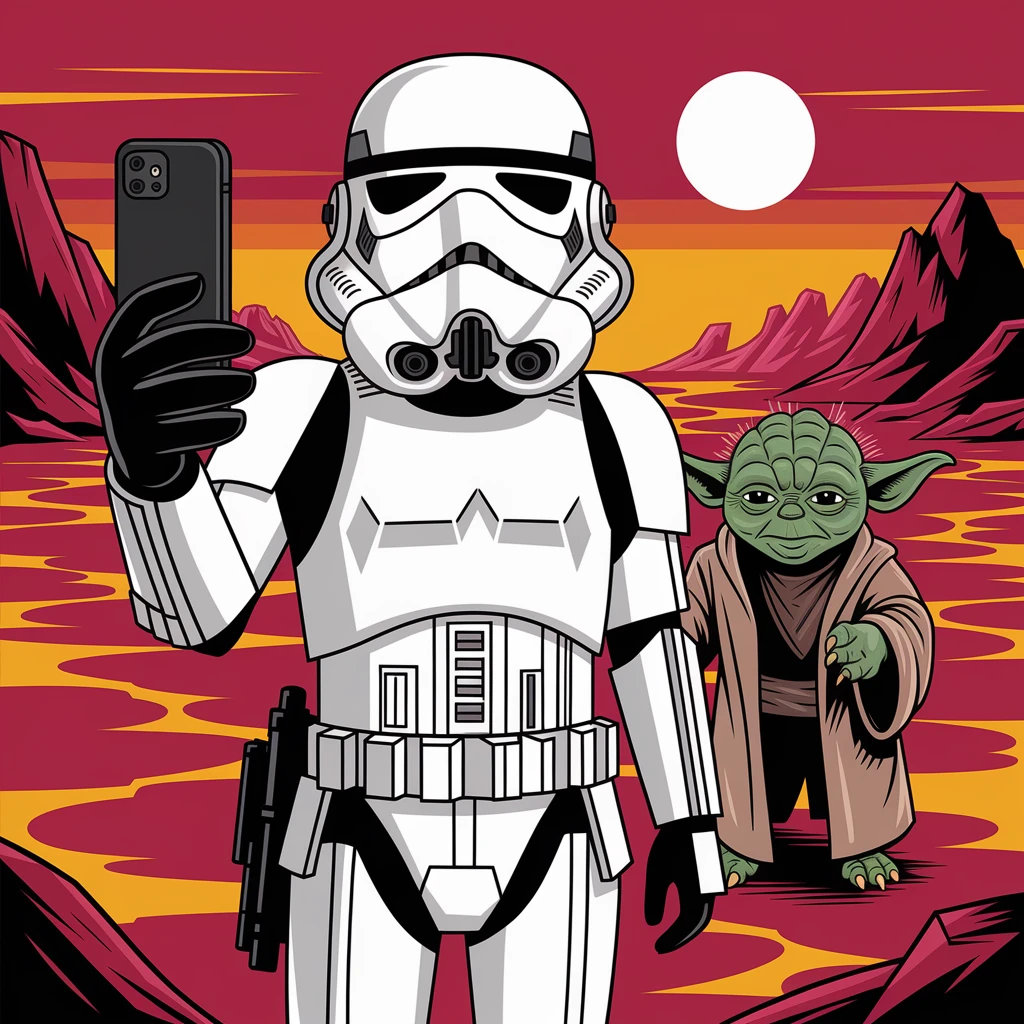 Camera POV, Starwars stormtroopers vlogging selfie, he is walking on lava planet with yoda emoji