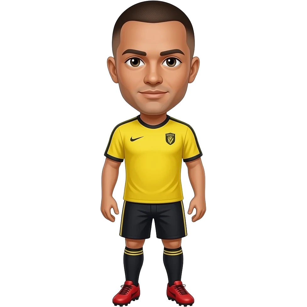 A GUY WITH YELLOW JERSEY , BLACK SHORTS AND RED CLEATS MAKE HIM HAVE A BUZZ CUT emoji