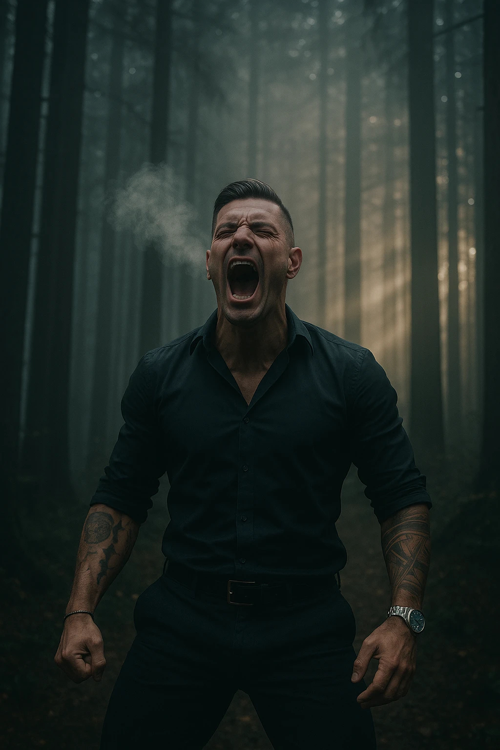 A man screaming towards the sky in a forest, with visible breath vapor and light rays shining through the trees, symbolizing the release of deep tension and the reclaiming of inner peace through cathartic screaming breathwork emoji
