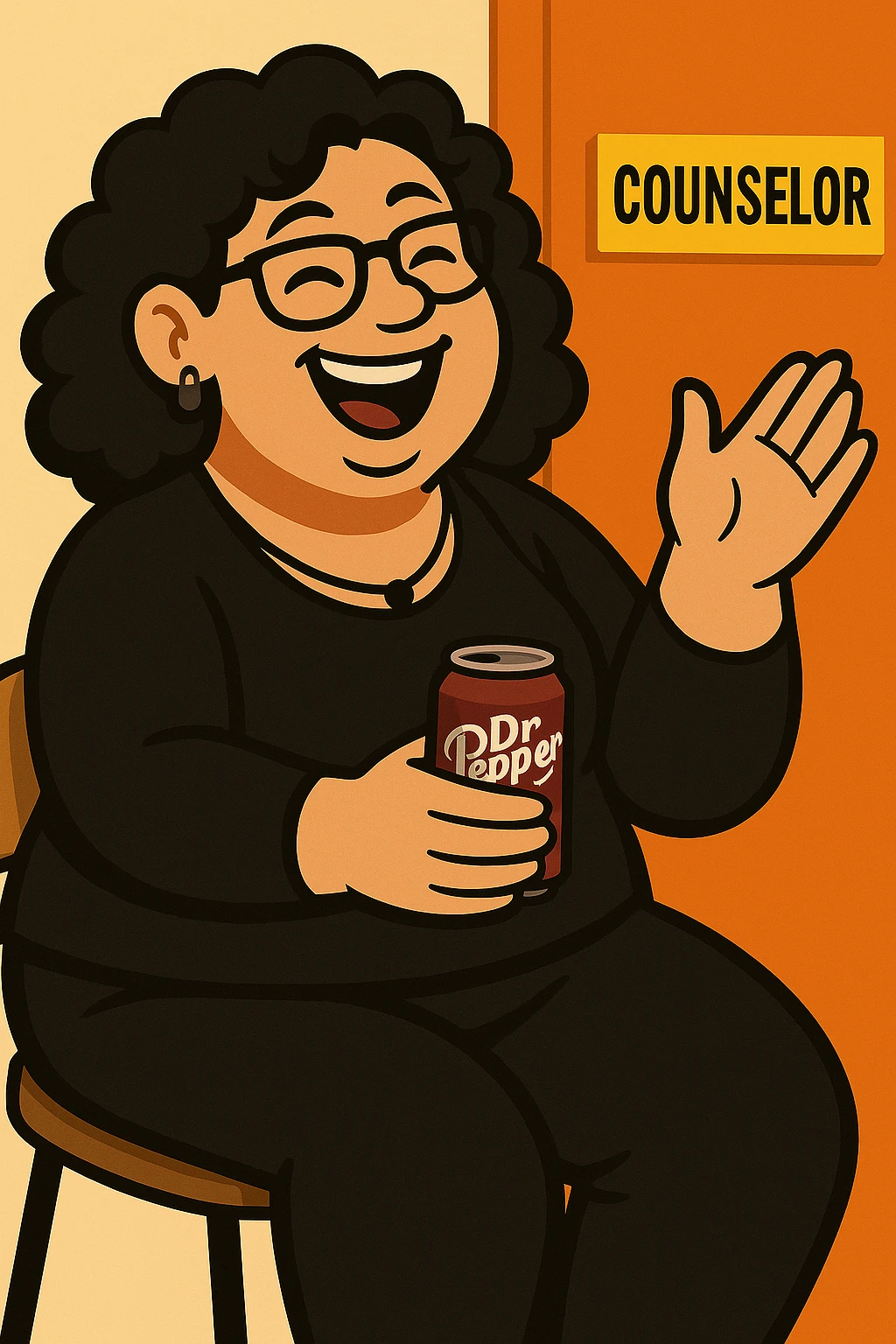 Add jewelry including earrings and a necklace, dress her in black clothes, and put a Dr Pepper soda in her hand. Keep her fun and approachable in the style of the original image. emoji