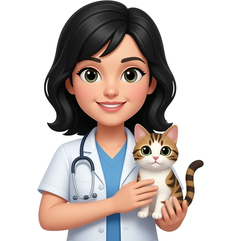 female veterinarian with black hair holding cat emoji