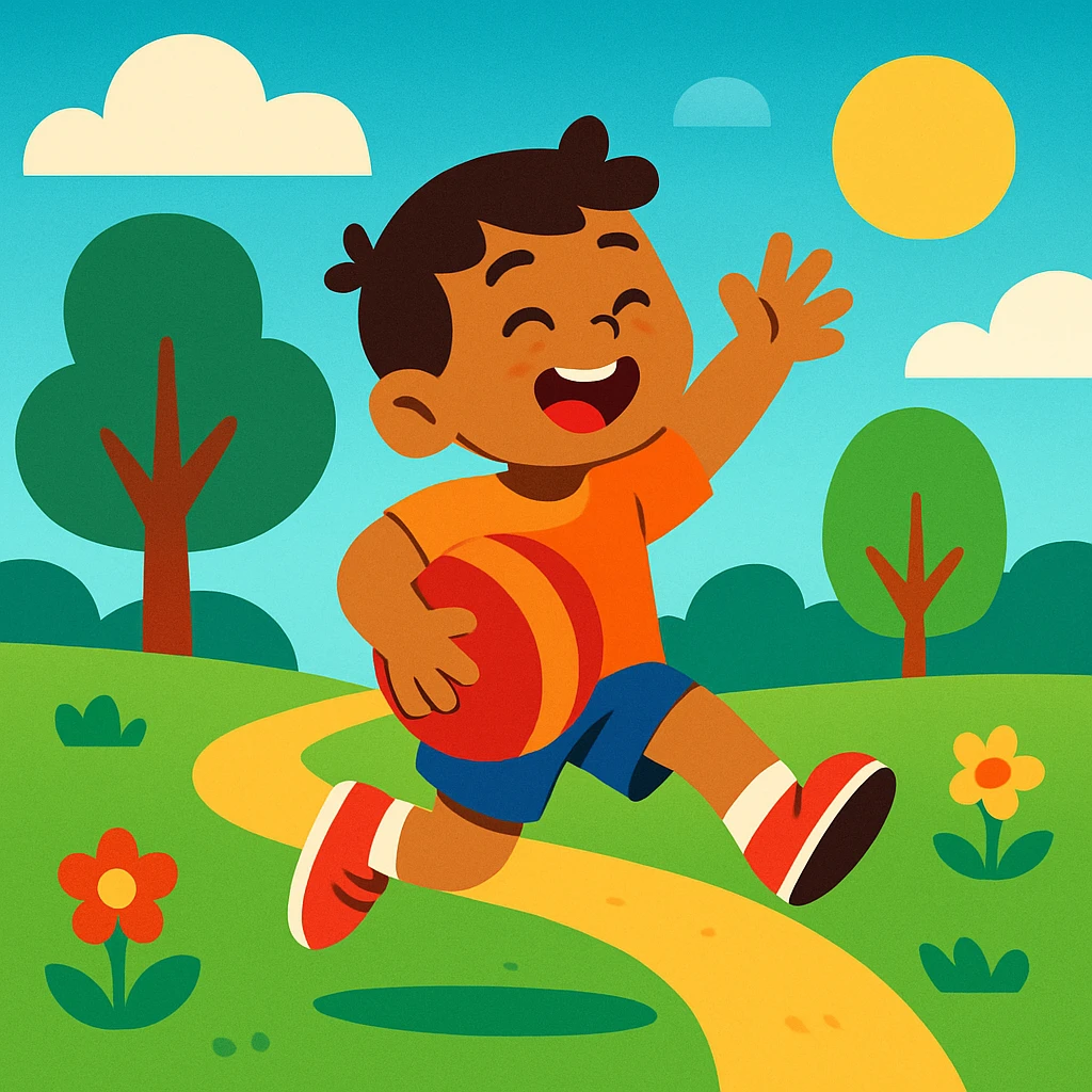 cheerful illustration of a kid playing outdoors in a bright and friendly park setting, showing joy and movement, child running or jumping with a ball or toy emoji