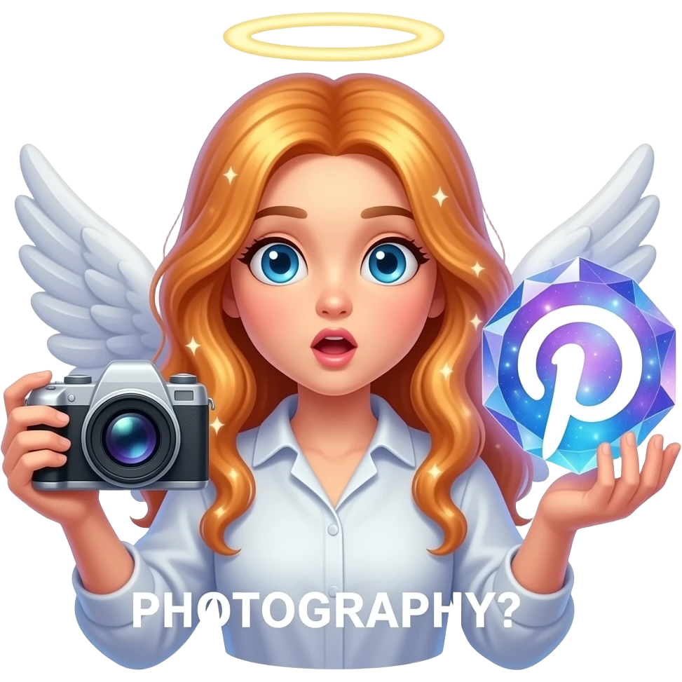 An ethereal blue eyes, glowing amber hair, angel, hand made of starlight holding a crystalline Pinterest logo on the right hand, a camera on the left hand, surprised, pointing at icon. A pure says: 'PHOTOGRAPHY?' on the bellow left hand. Glowing nebula colors, isolated on white, bold 3D icon emoji
