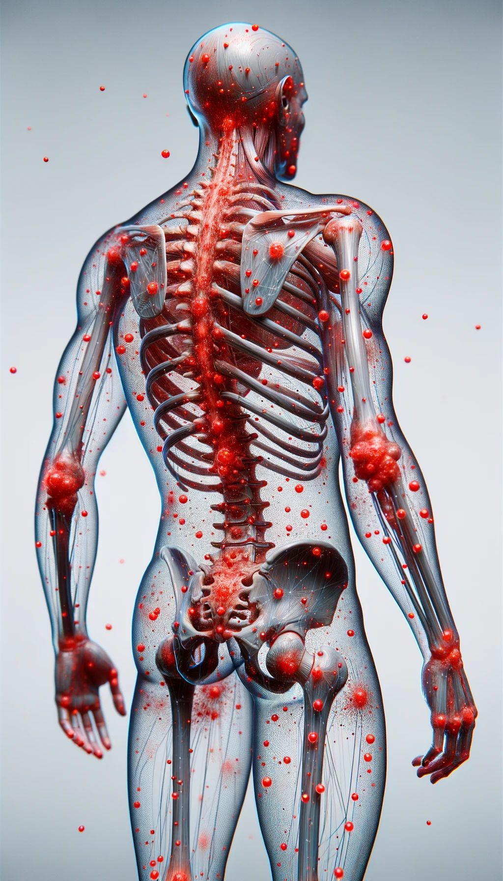 CORPO UMANO ANATOMICO CON RED SPOT DI INFIAMMAZIONE SPARSI SUL CORPO, SFONDO CHIARO, iperrealistico 4k emoji