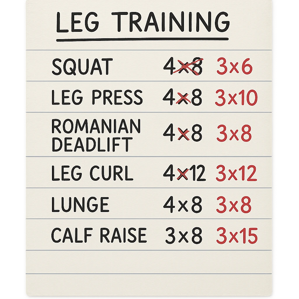 foglio di carta con scheda di allenamento gambe con volume di allenamento ridotto (fai alcuni esercizi con 4x8 scritti in precedenza sbarrati in rosso e la correzione accanto tipo 3x6), scrivila al meglio che puoi emoji