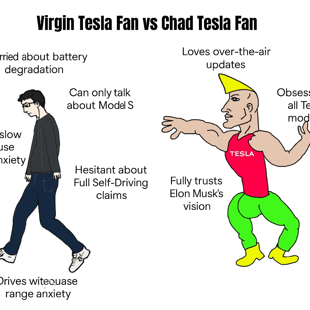make virgin vs chad meme on tesla fan in above style  emoji