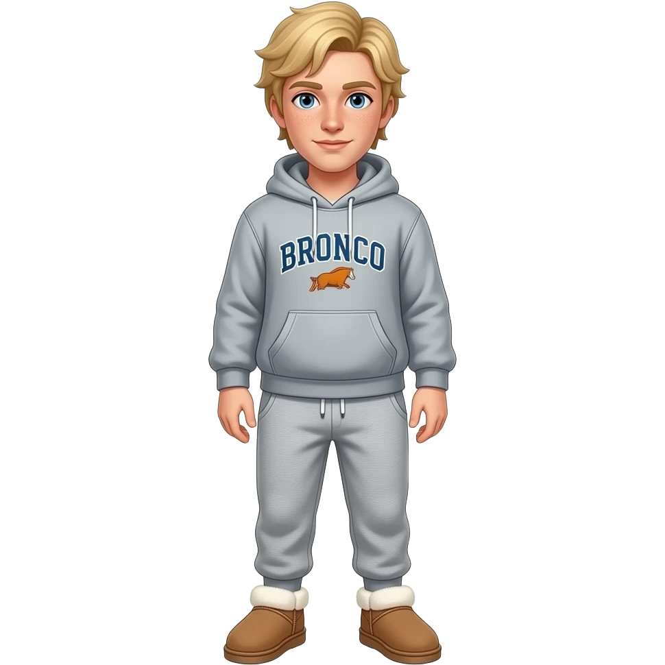 I have blonde hair with sweat pants and a bronco hoodie on with blue eyes and freckles wearing uggs emoji