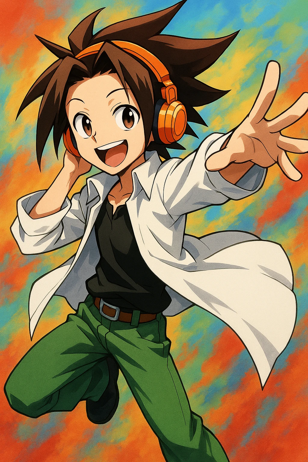 Yoh Asakura, cheerful, spiky brown hair, orange headphones, wearing a white overshirt and green pants, anime style emoji