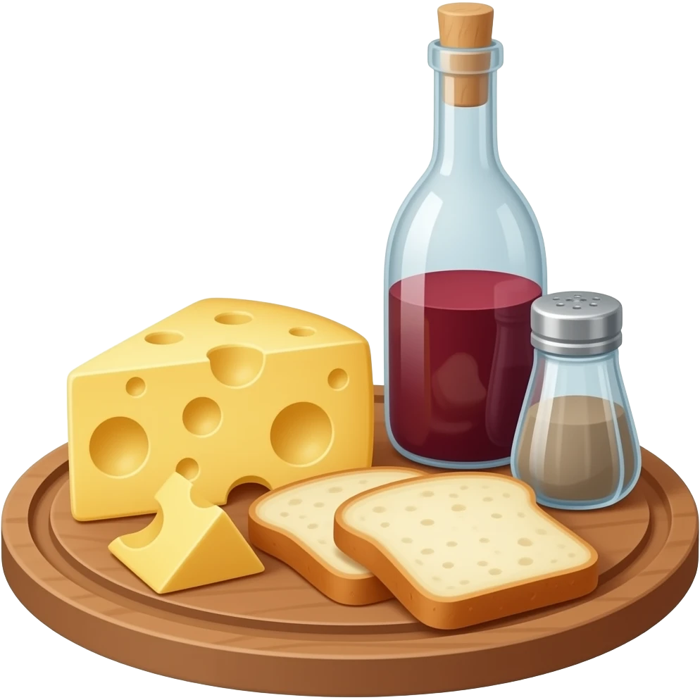Käse-Brot-Rotwein Flasche Salz+ Pfeffer auf ein Holzbrett emoji