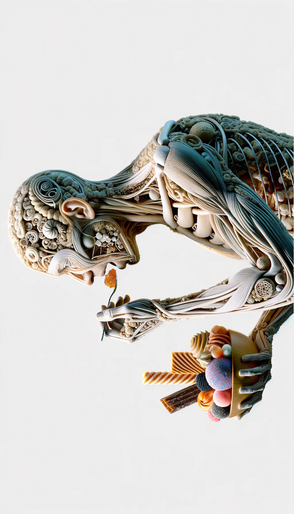 corpo umano anatomico in piedi a figura intera che si abbuffa di dolci e zuccheri, iperrealistico 4k, isolato su sfondo bianco emoji