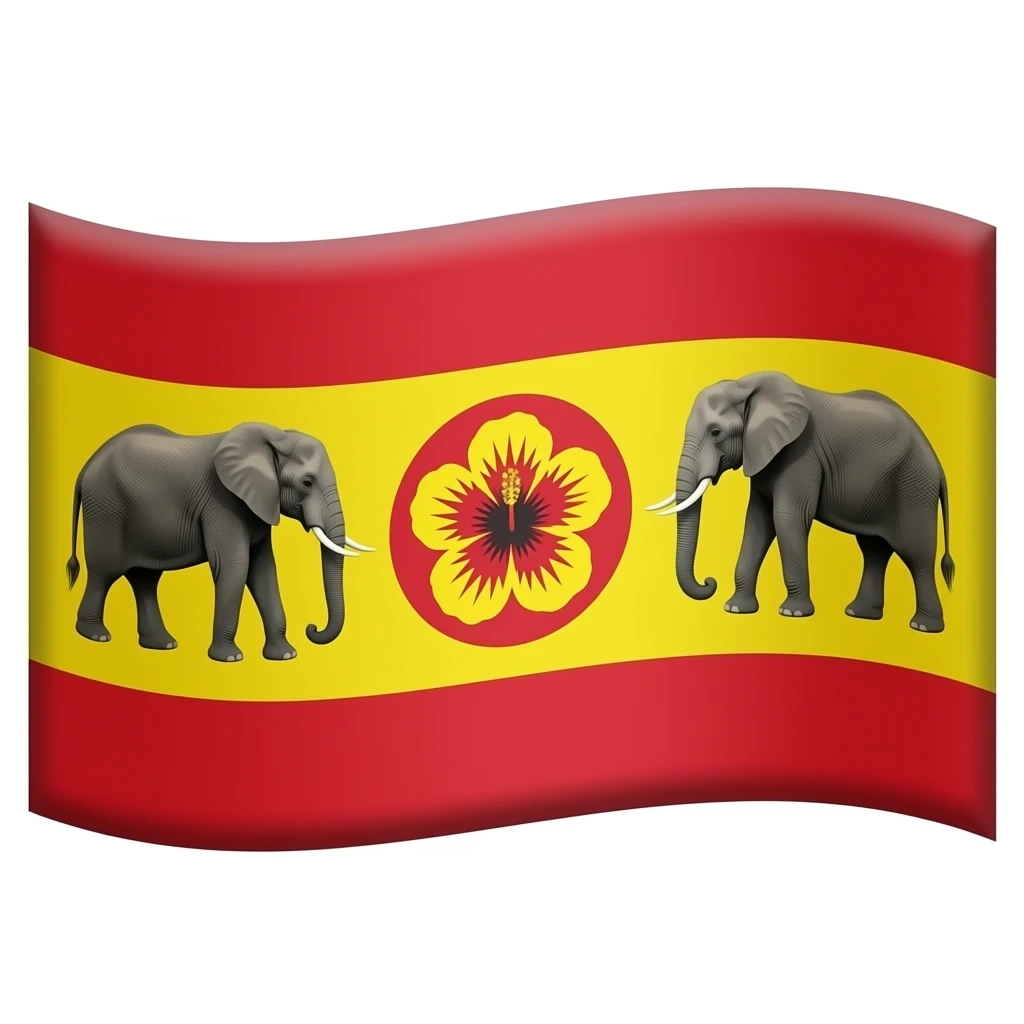 make an flage that up and down are red and the center wat yellow and make two elephant stand in the yellow part and make center an round that color is red and make an flower in that red circle the two elephants are standing and make the flower like hibiscus and shade it emoji