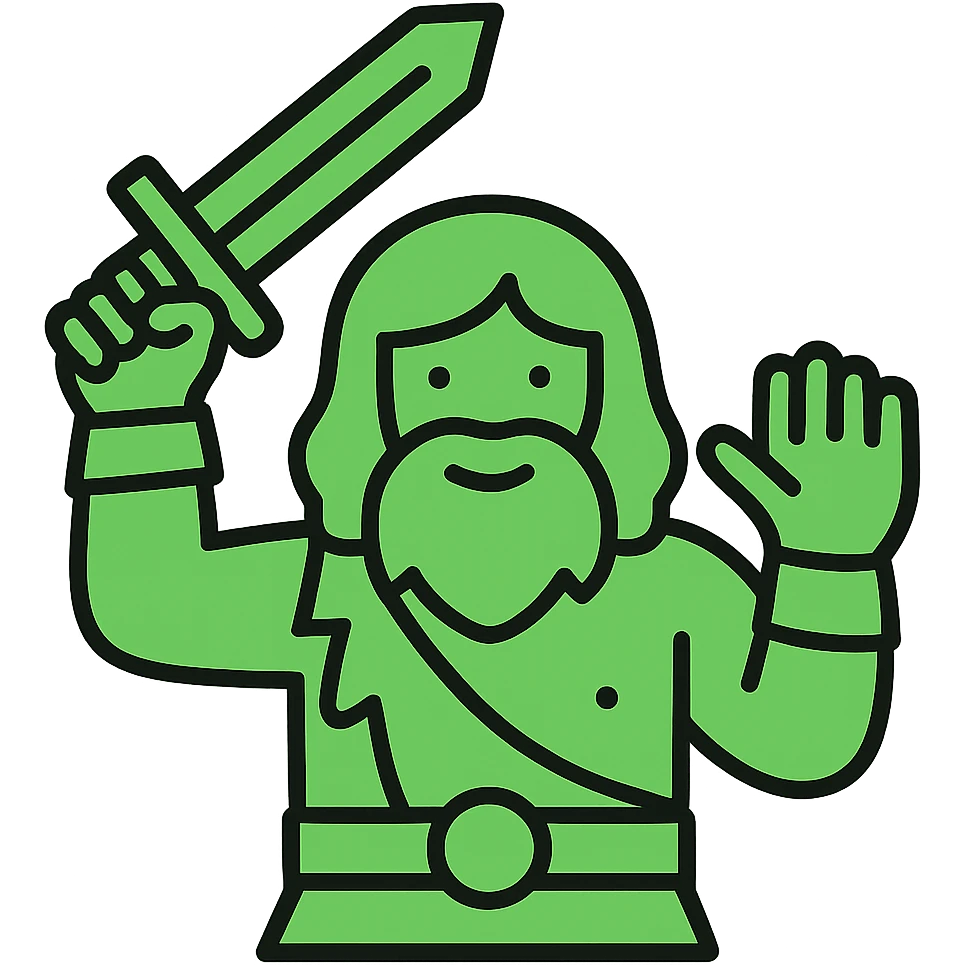 A barbarian waving a sword in greeting, green color emoji