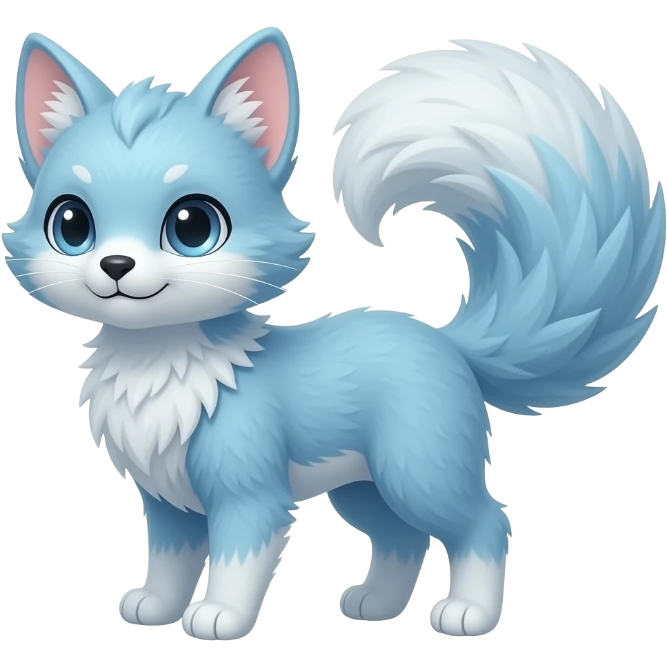 Cyan-blue, soft realistic romantic vintage antique divine beautiful elegant pretty precious cute young youthful Fakémon-Pokémon-opossum-feline-mouse-serval-caracal-chinchilla-Minccino-Cinccino-Meowstic-rodent-hybrid-creature with a big fluffy bushy tail (full body) emoji