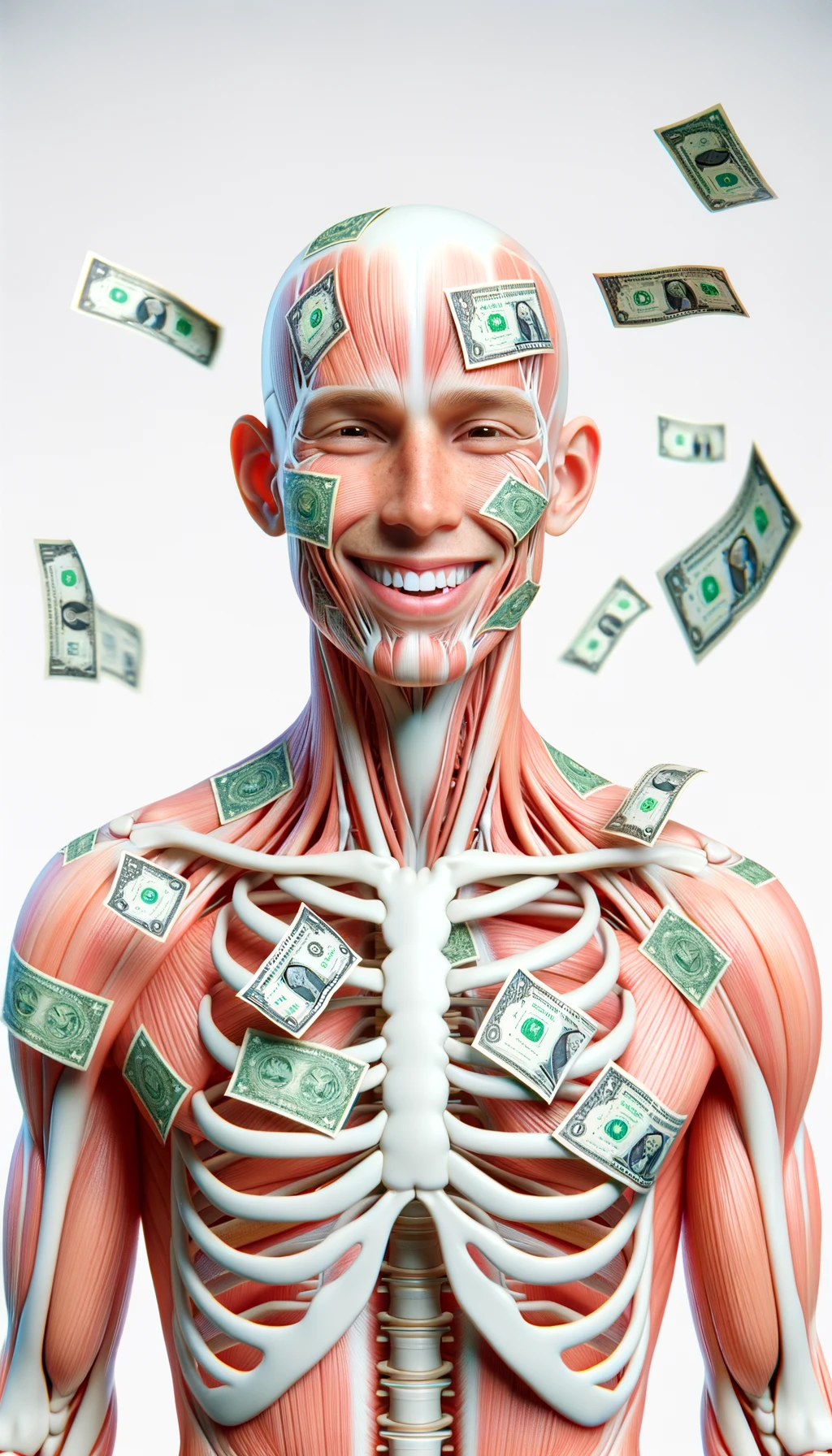 corpo umano anatomico sereno e felice con banconote sparse appiccicate sul corpo, espressione stupita, iperrealistica 4k, isolato su sfondo bianco emoji