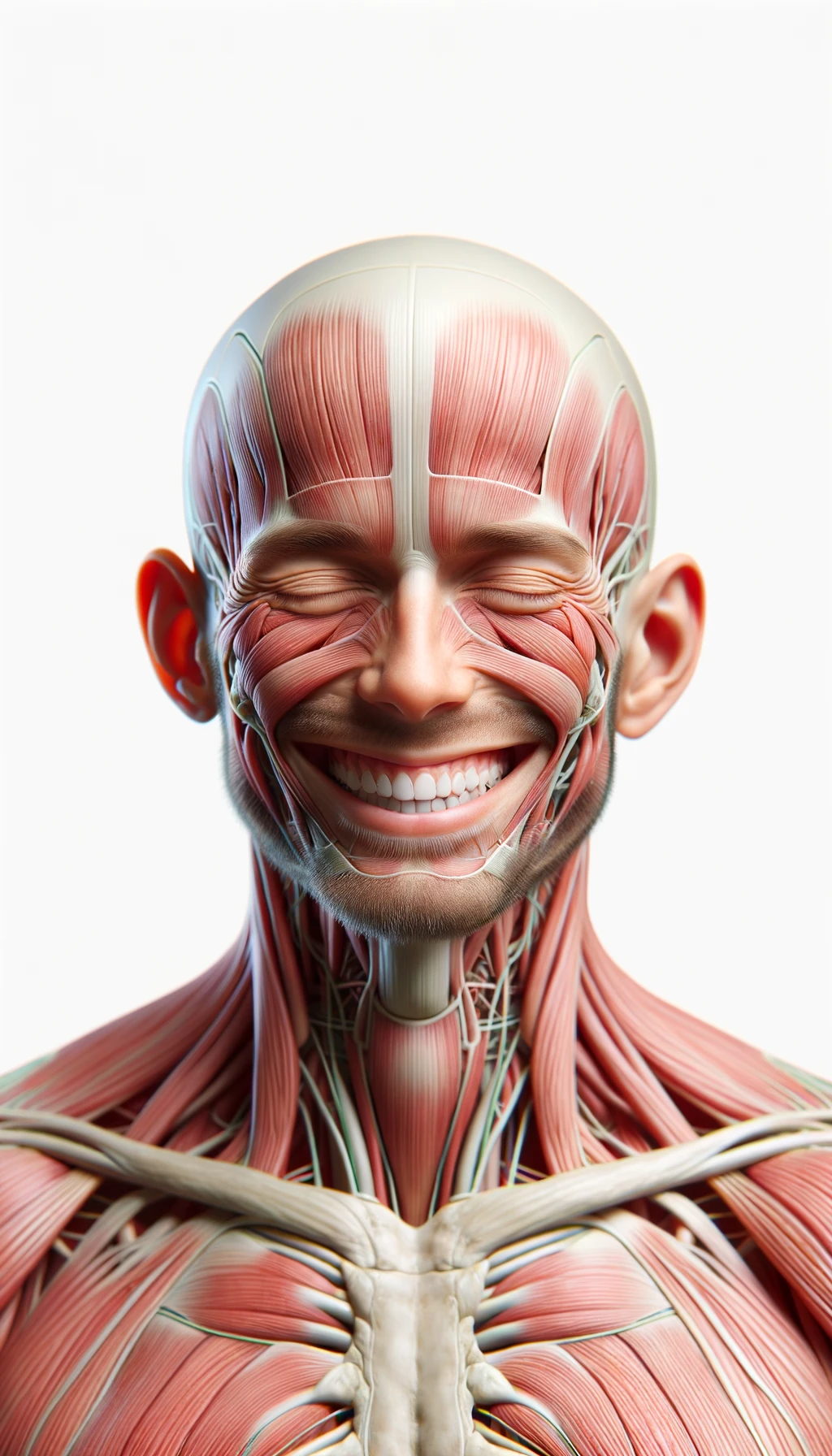 corpo umano anatomico a figura intera che sorride rilassato, iperrealistico 4k, isolato su sfondo bianco emoji