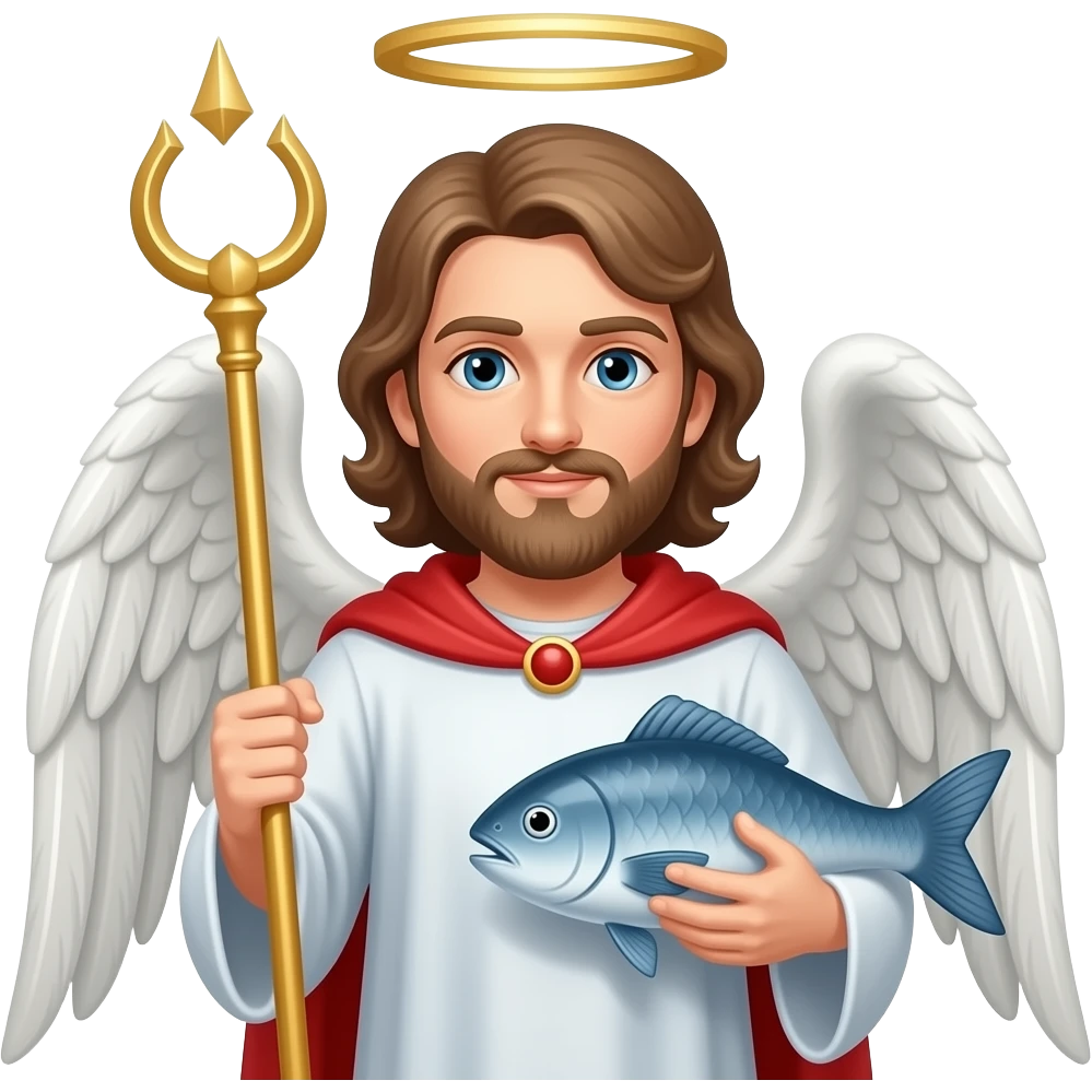 St. Raphael the Archangel holding a staff and a fish emoji