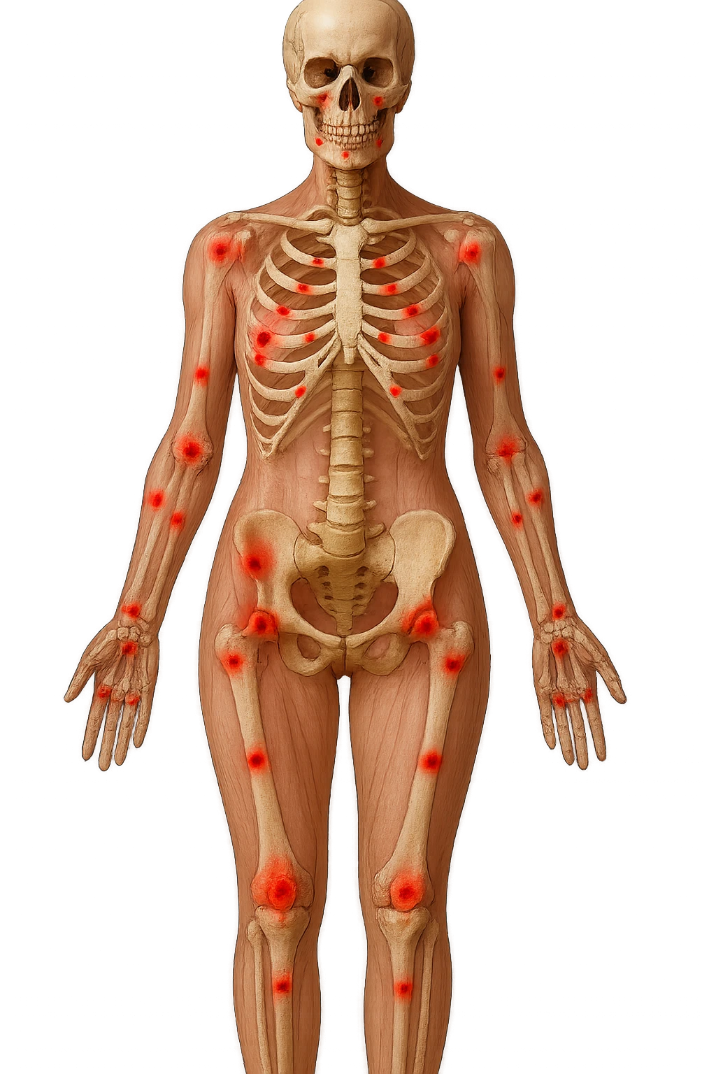 corpo umano anatomico di una donna affetta da fibromialgia, red spot sparsi sulle sue ossa, iperrealistica 4k emoji