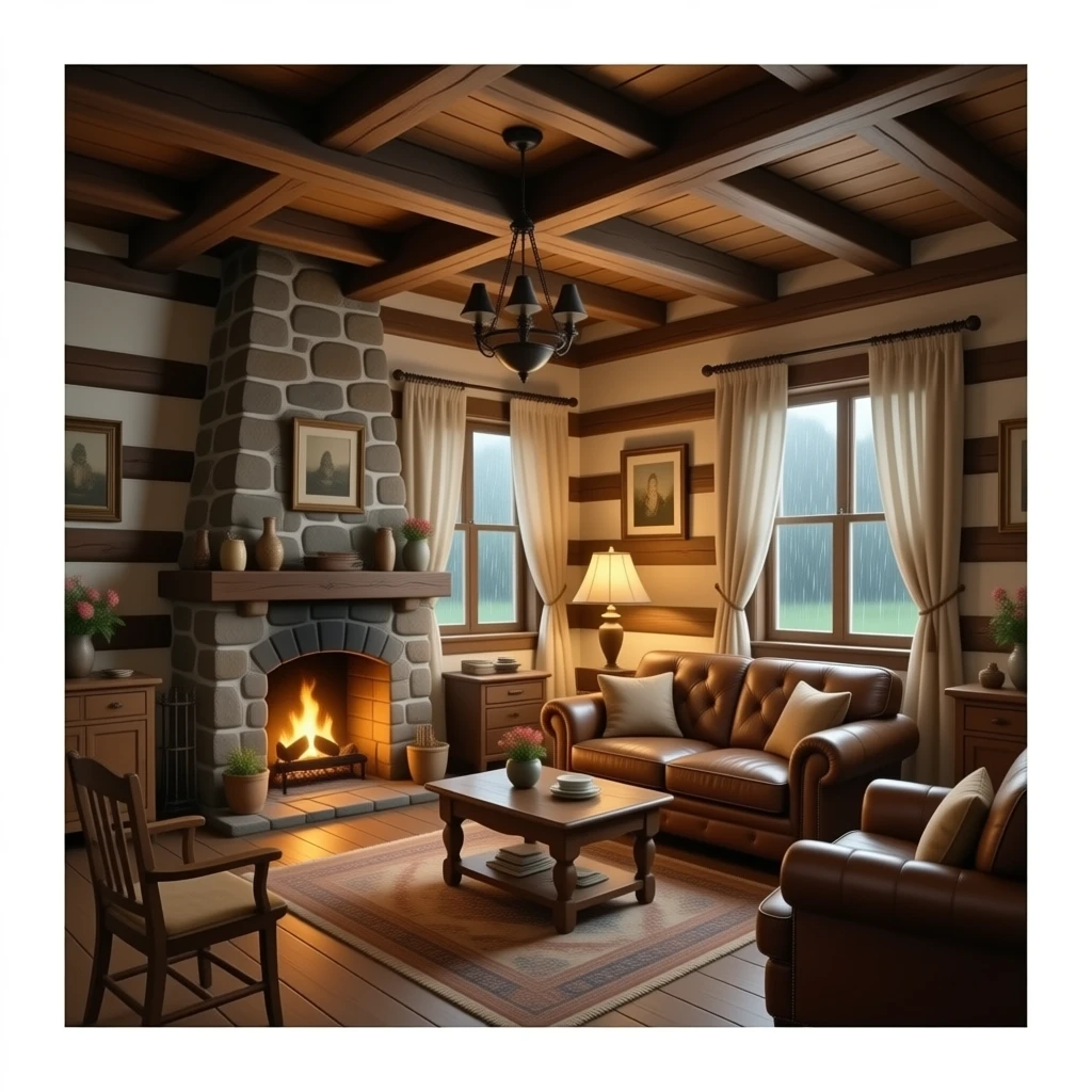 hazme la parte de dentro de una casa, la casa tiene que ser rustica emoji