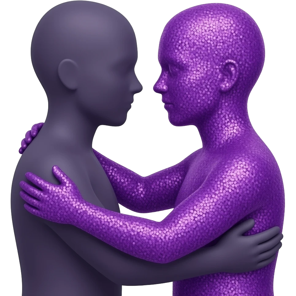 Two minimalist silhouettes embracing, inspired by iOS emoji design. One figure is solid, while the other is composed of purple glitter particles, symbolizing invisible disability and fibromyalgia emoji