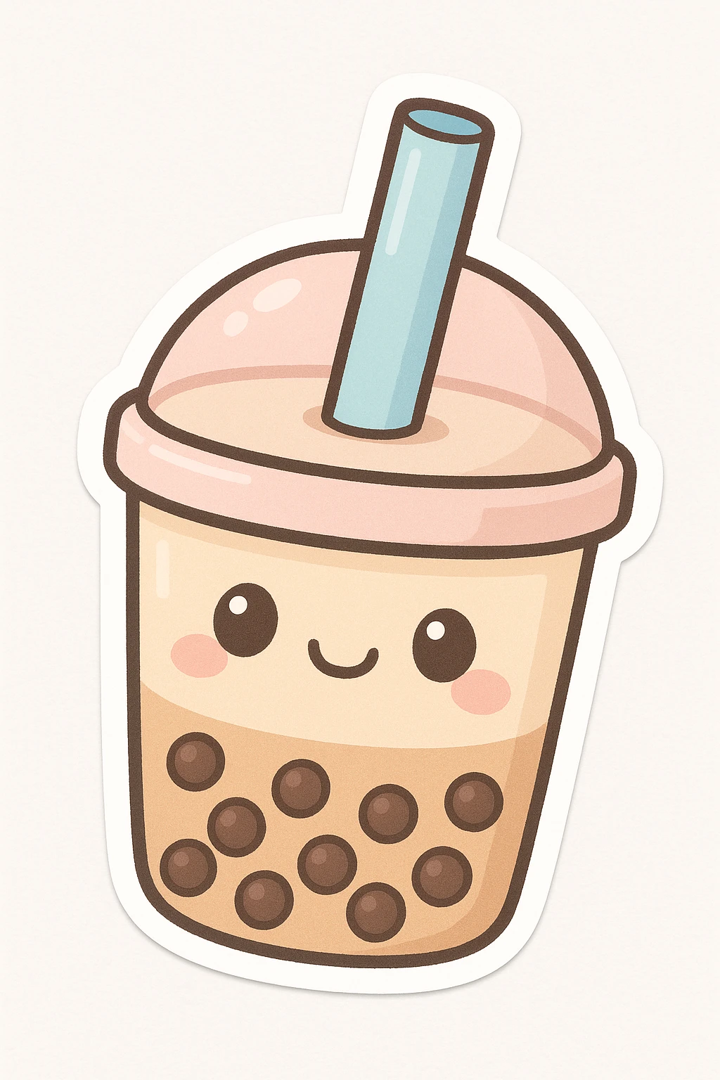 chibi sticker of a smiling boba tea cup with a straw, kawaii face, pastel colors, white background emoji