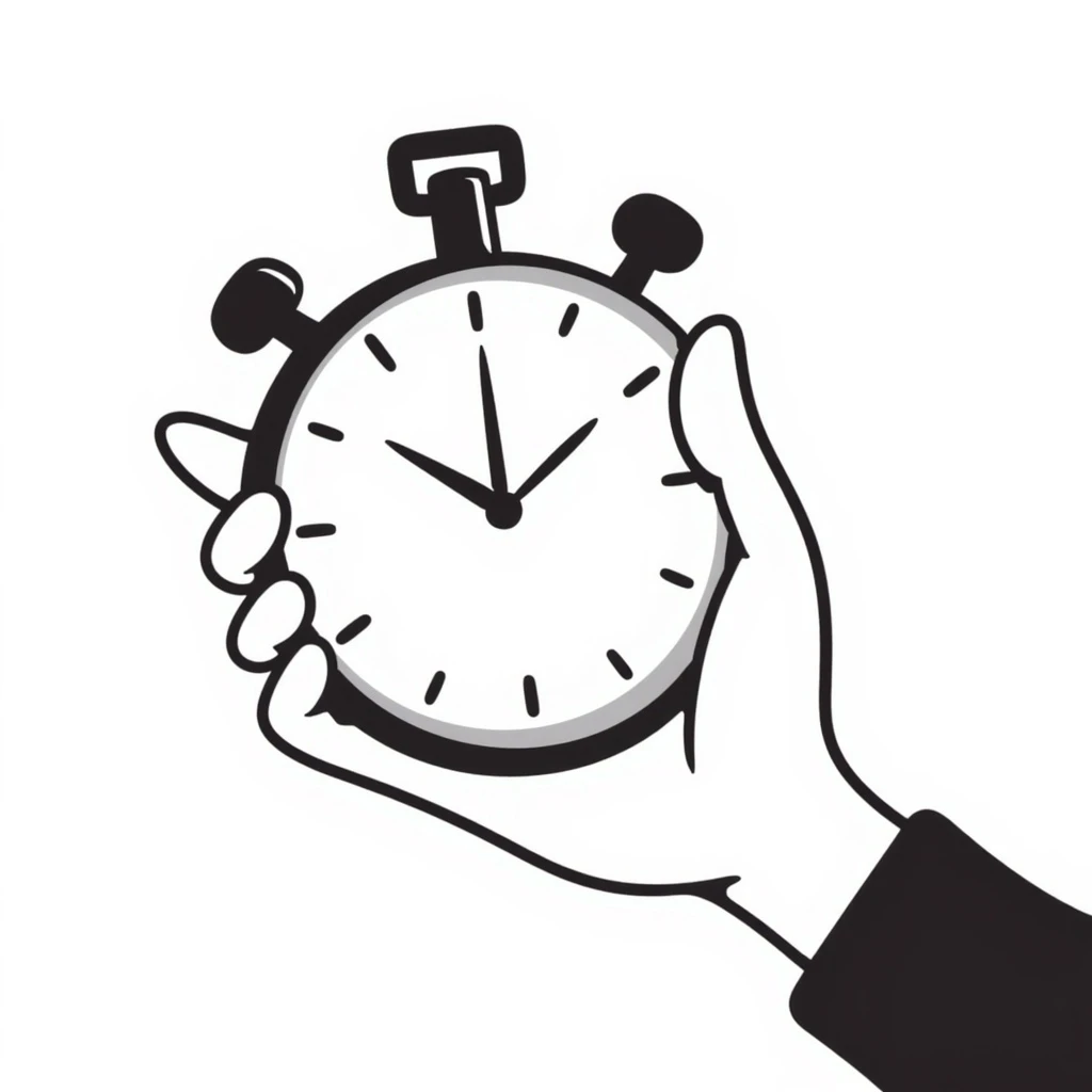 A stopwatch in a hand-drawn doodle style, black and white, sketchy and playful emoji
