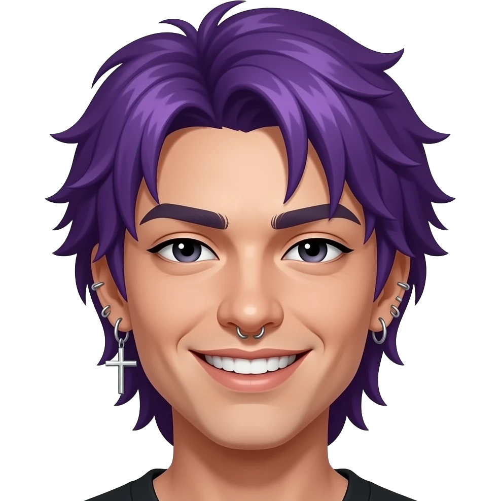 Pelo corto, morado con tonos oscuros, estilo despeinado con mechones sueltos.
piercings en la nariz y el labio, varios aretes brillantes en las orejas, incluyendo uno colgante en forma de cruz. ojos negros entrecerrados, cejas gruesas, sonrisa ladeada mostrando dientes, emoji