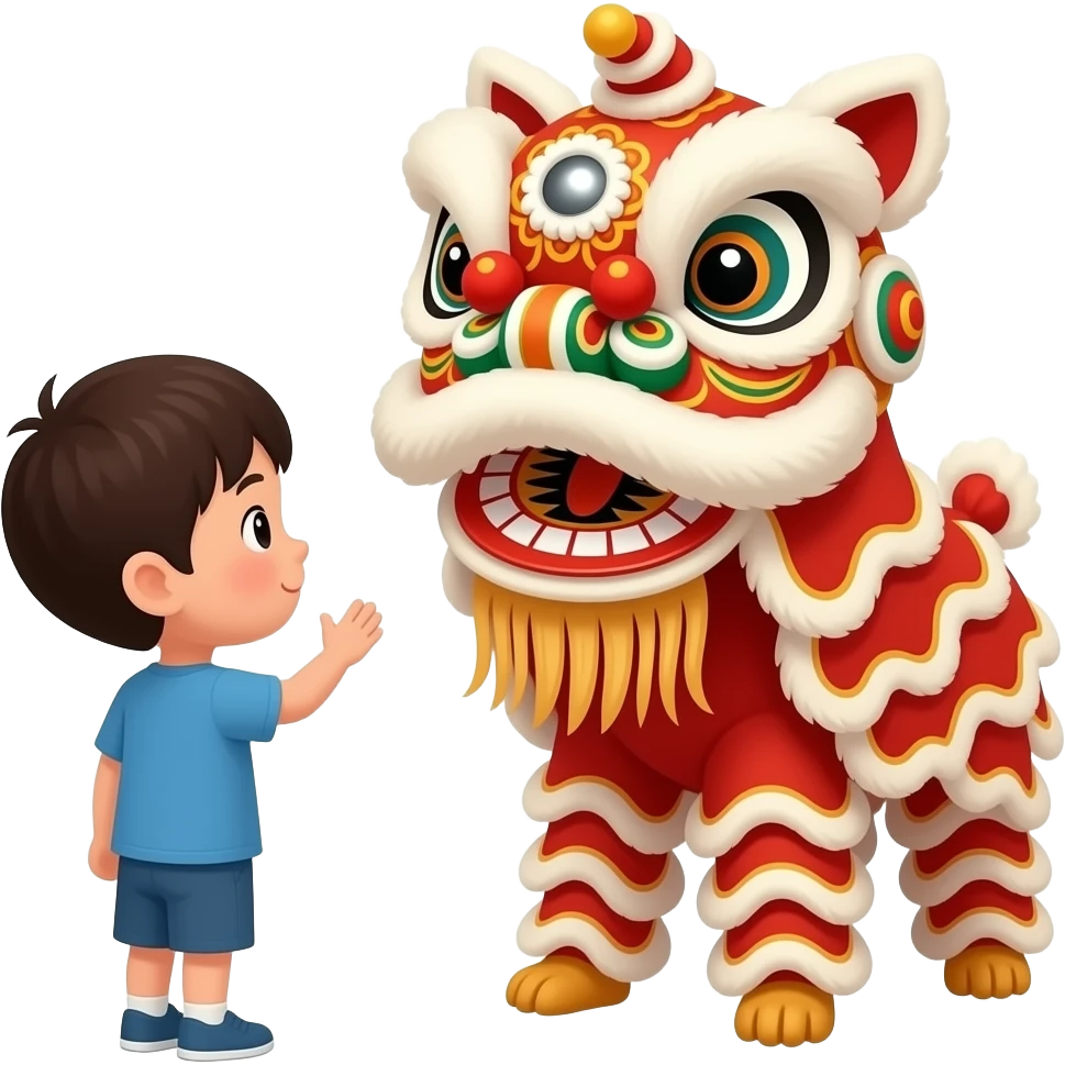 kid looking at chinese lion dancers emoji