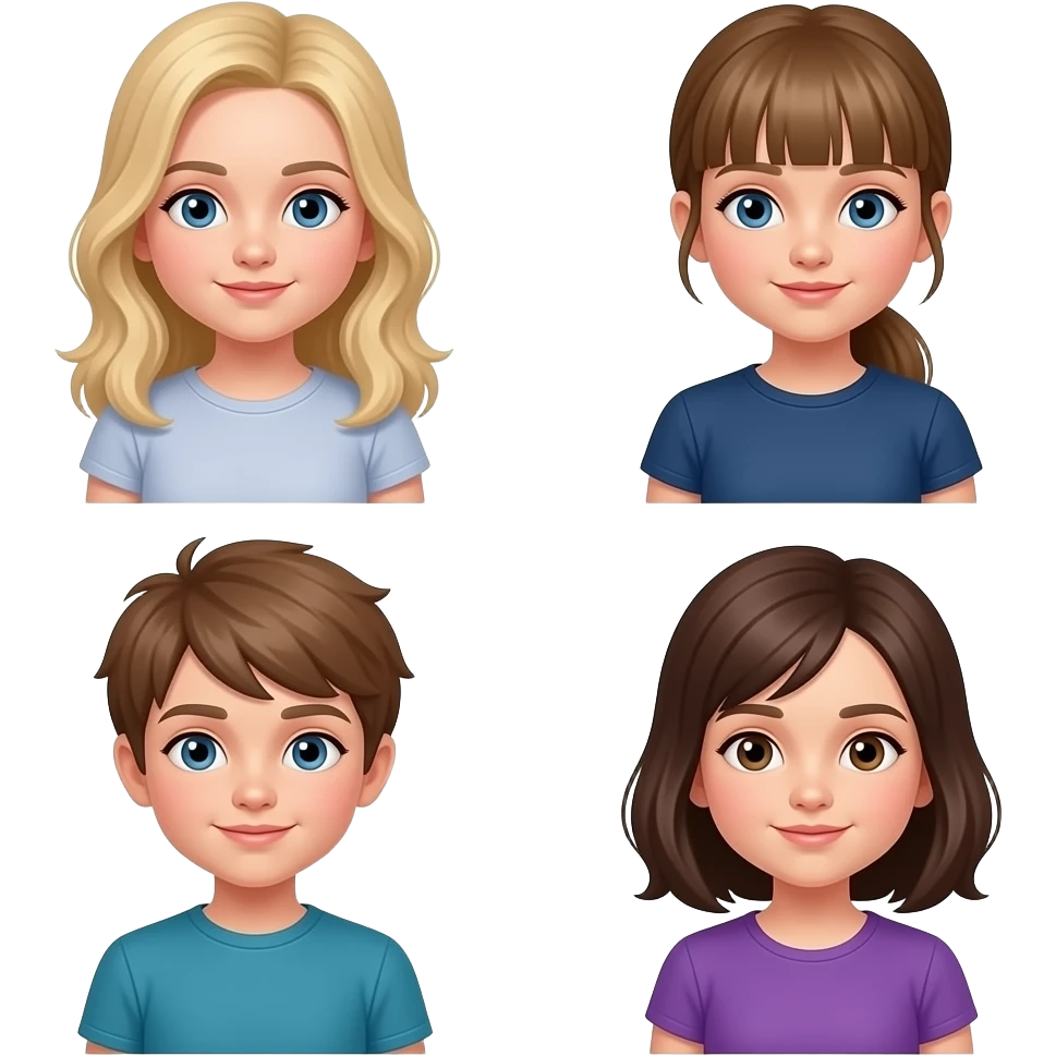 Older Girl light blonde hair blue eyes + younger girl with light brown hair in ponytail with bangs blue eyes dark blue t-shirt + boy light brown hair blue green t-shirt + girl dark Brown shoulder length hair brown eyes purple t-shirt emoji