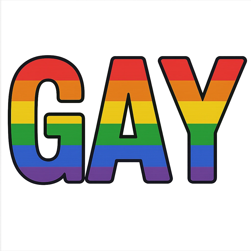 the word GAY in bold, colorful rainbow letters emoji