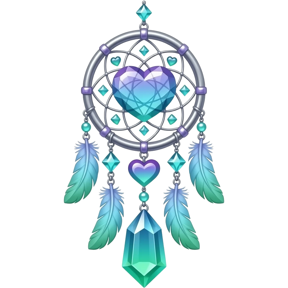 Purple-Blue-cyan-lime-green-gradients and silver cold-cool-colored romantic lush beautiful pretty hanging crystal-catcher aesthetic with hearts and sparkles and feathers emoji
