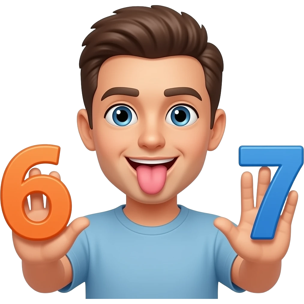 Make a emoji of the joke 6 7 make him holding the 6 7 in his palms don't show the palms make his tongue stick out emoji