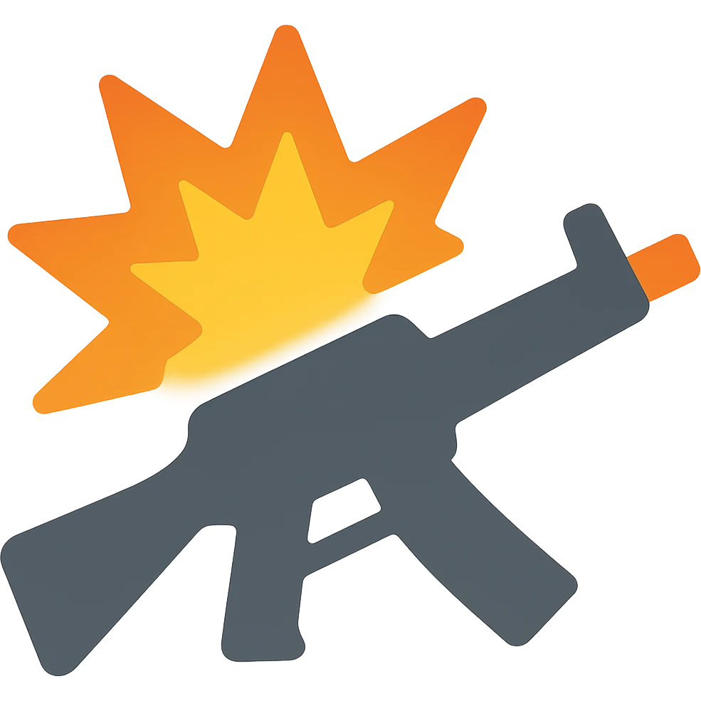 Convert to color: call of duty icon, stylized weapon and explosion, dynamic, energetic, add orange, yellow, and gray, keep background transparent emoji
