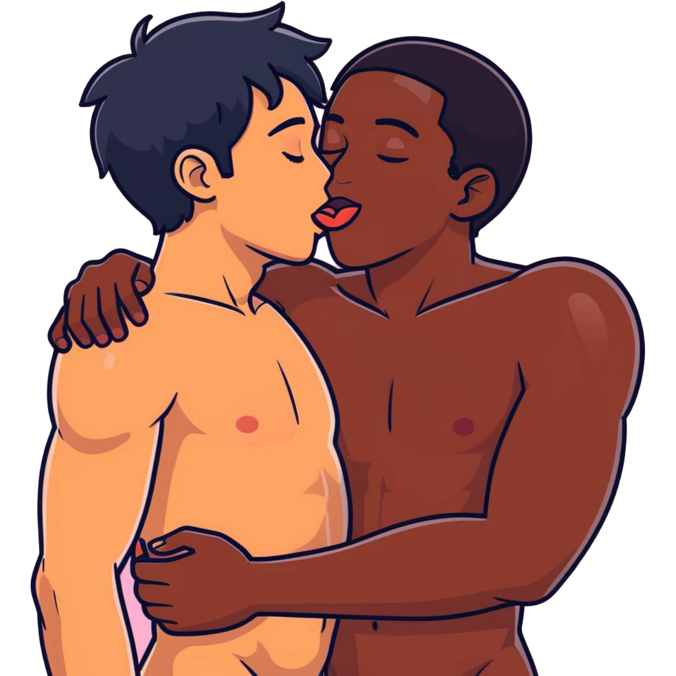 I398.67(((White adult male dark hair))) ,(((Dark skin  adult male))), naked, ((( sexual touching genitals))) , intercourse,spooning, kissing eyes closed tongue open mouth ,penis view, erotic rubbing body, hand job emoji