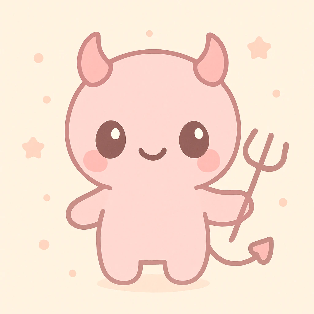 cute kawaii devil with big eyes and a tiny pitchfork, pastel background emoji