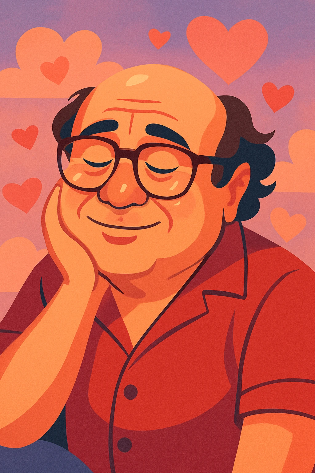 Danny DeVito in a romantic, dreamy illustration style, gentle highlights, relaxed and alluring vibe emoji