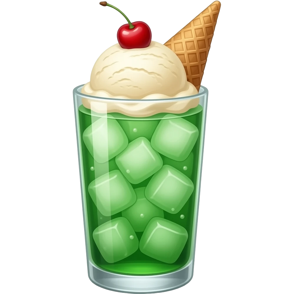Green cream soda with an ice cream without a cone and a cherry on top in a tall cup with ice emoji