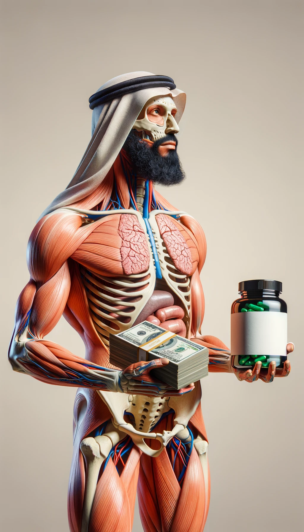 corpo umano anatomico che tiene nella mano destra una boccetta di integratore e nella mano sinistra delle banconote, sfondo neutro chiaro emoji
