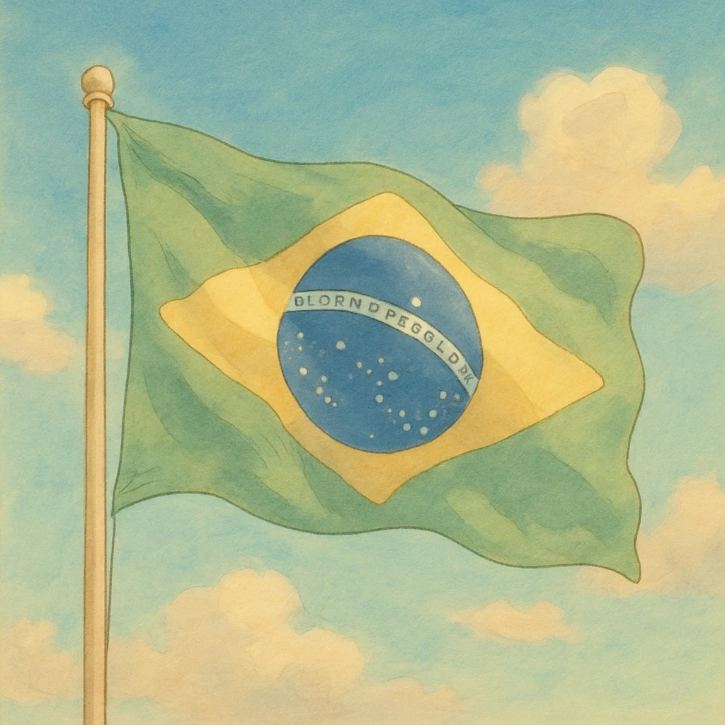 the Brazilian flag rippling, soft shading, ghibli style emoji