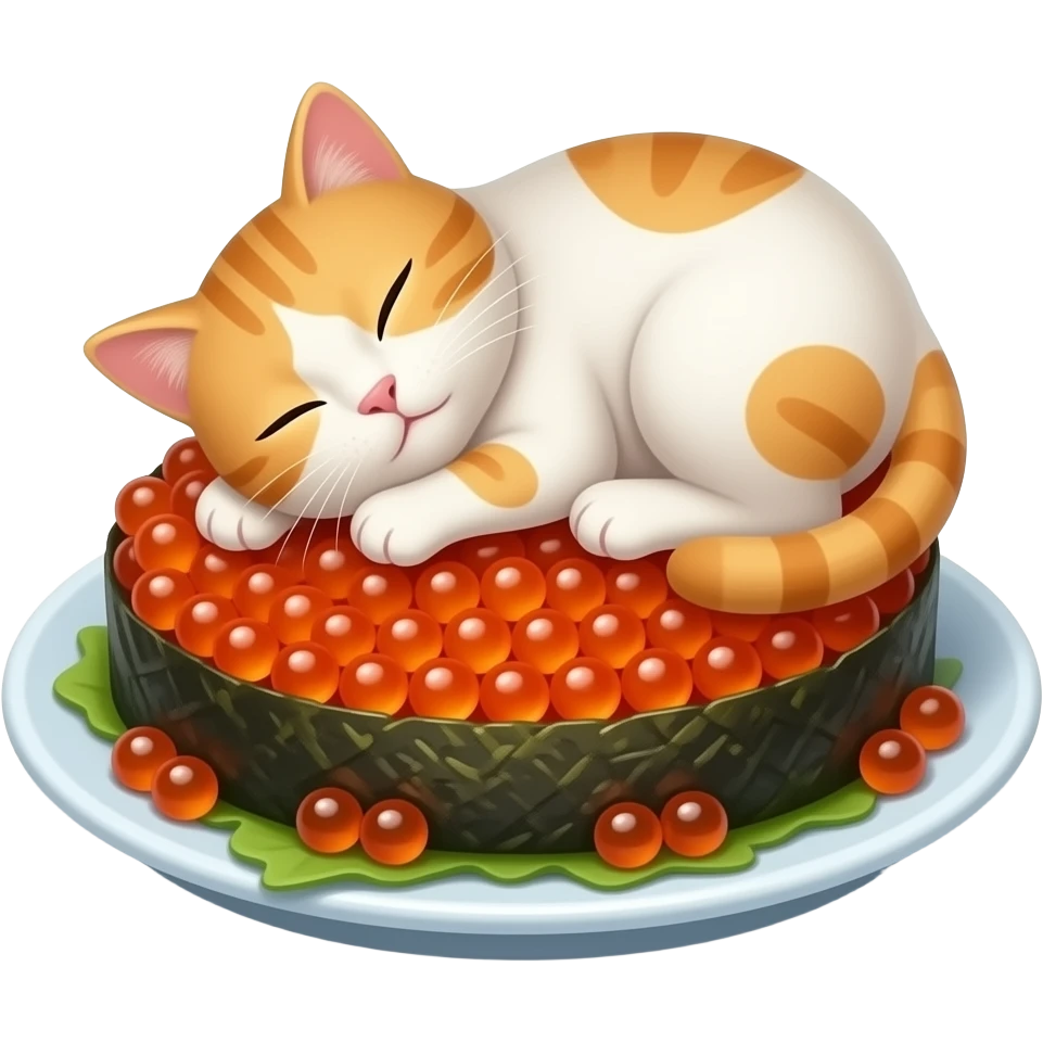a cat napping on top of trout roe and nori emoji
