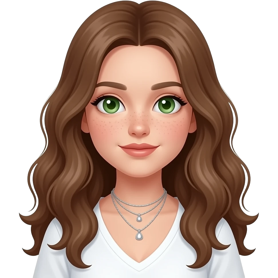CUTE PRETTY FACE PALE GIRL PREPPY WITH not volominous WITH WAVEY LONG BROWN HAIR, FRECKLES AND GREEN EYES IN CUTE WHITE TOP WITH SILVER NECKLES, STUDY GIRL VERY PRETTY FACE emoji