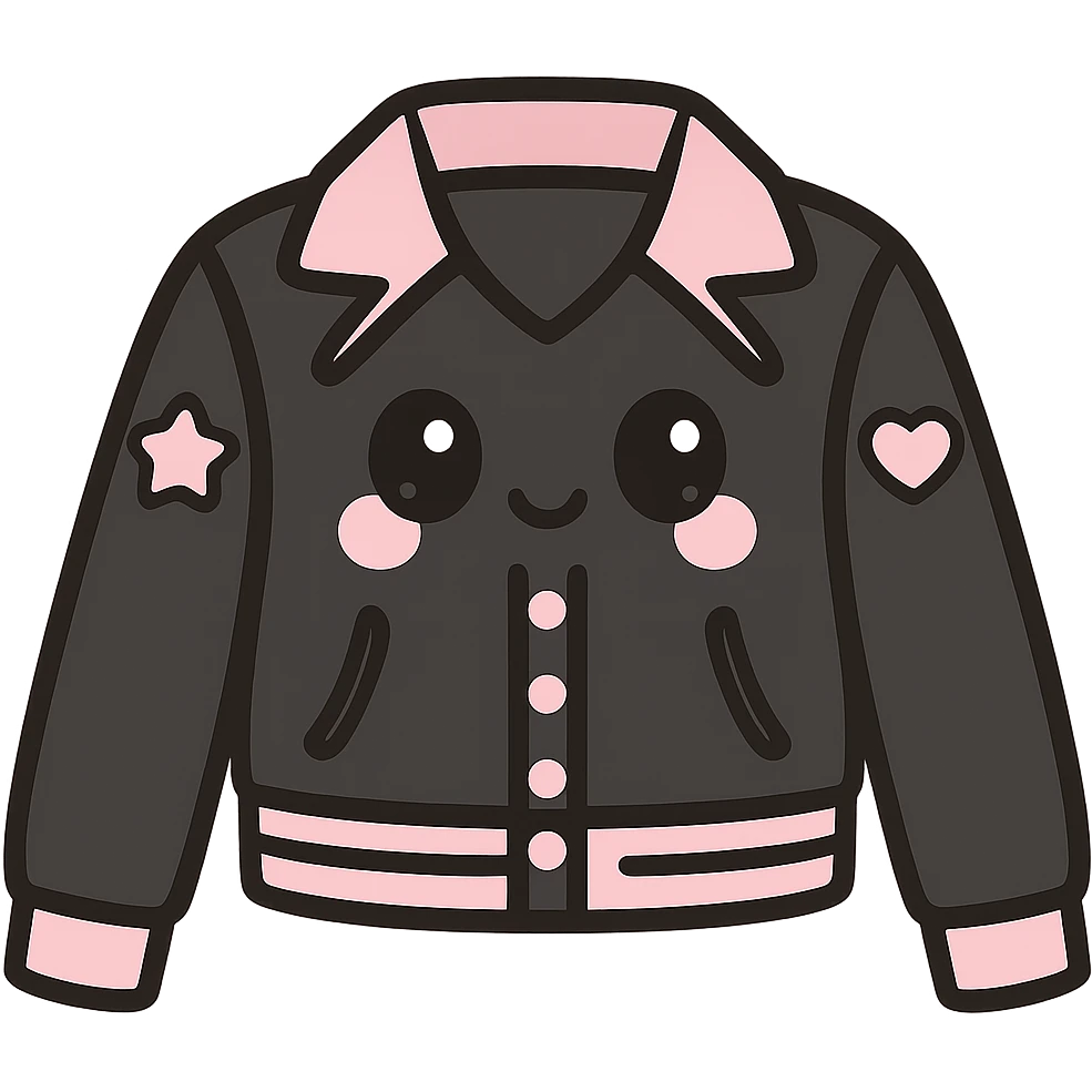 kawaii style magical gothic jacket inspired by BLACKPINK, smiling face, black and pink design, heart and star details, fun and fashionable emoji