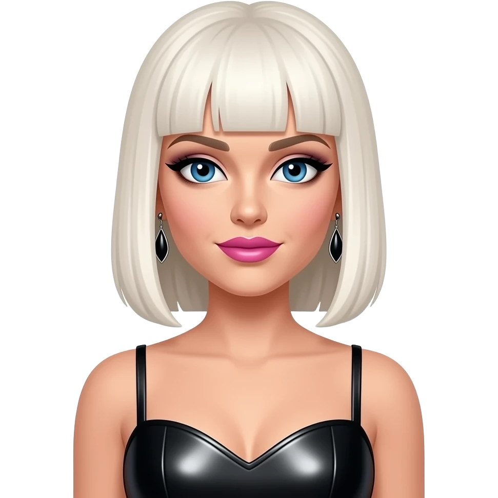 Kimberly Wyatt from The Pussycat Dolls with blue eyes, long white blonde straight upbo hair, black eyeshadow, pink lipstick, black metallic sweetheart dress, earrings emoji