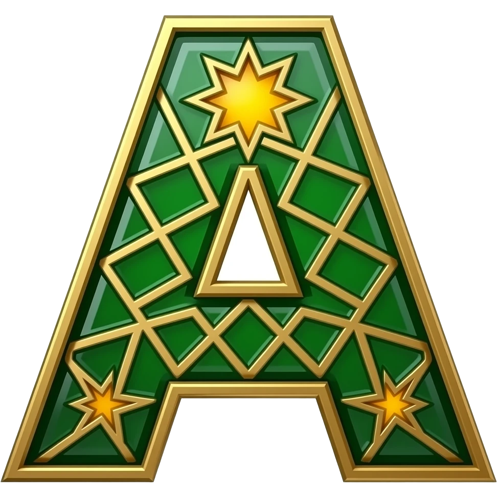 An uppercase letter 'A' designed with geometric Islamic patterns and star-shaped cutouts. Made from rich emerald-green glass with brushed gold edges. Backlit with a warm amber glow, 8k resolution, clean minimalist design emoji