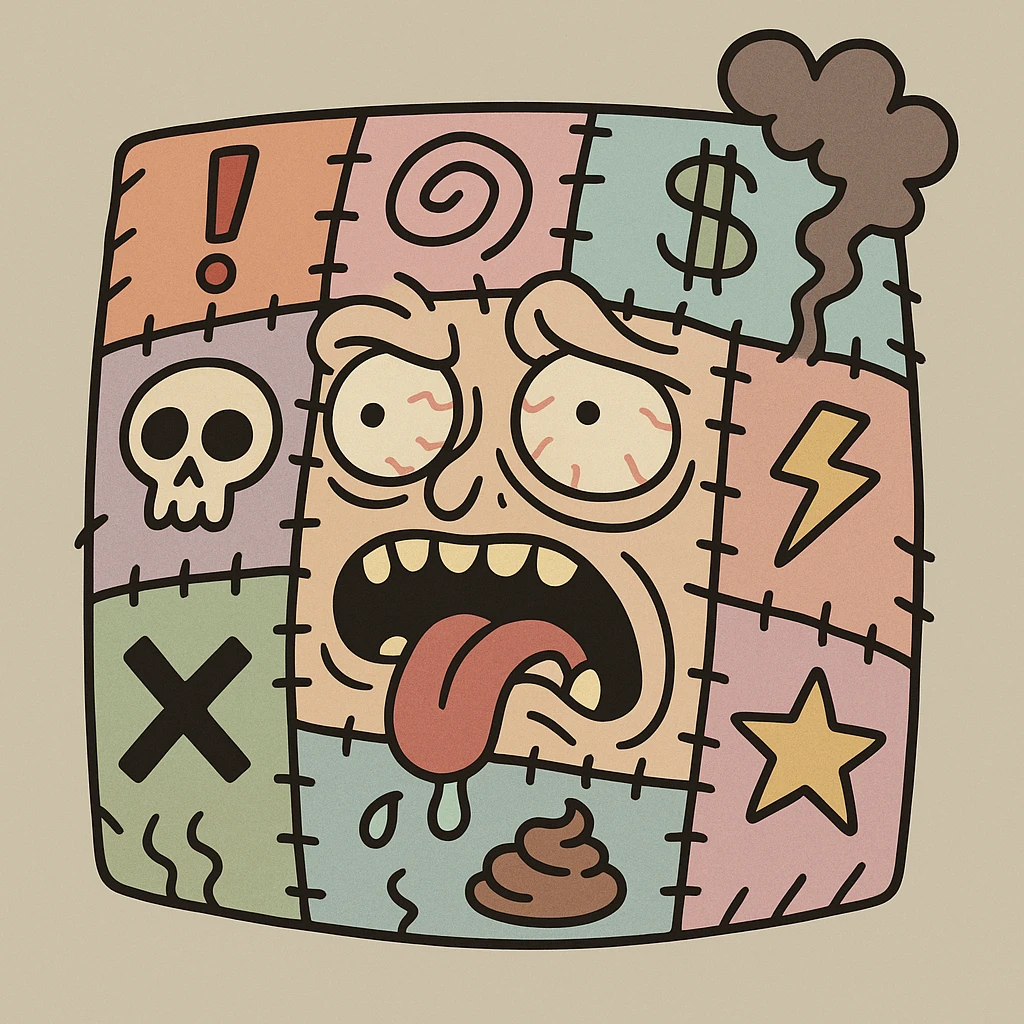 A chaotic patchwork quilt emoji with mismatched symbols and icons, evoking a deliberately absurd and brain-melting feel, grotesque and nonsensical emoji