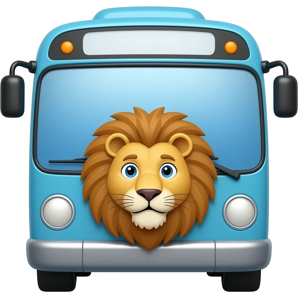 a light blue bus facing you with a lion face emoji